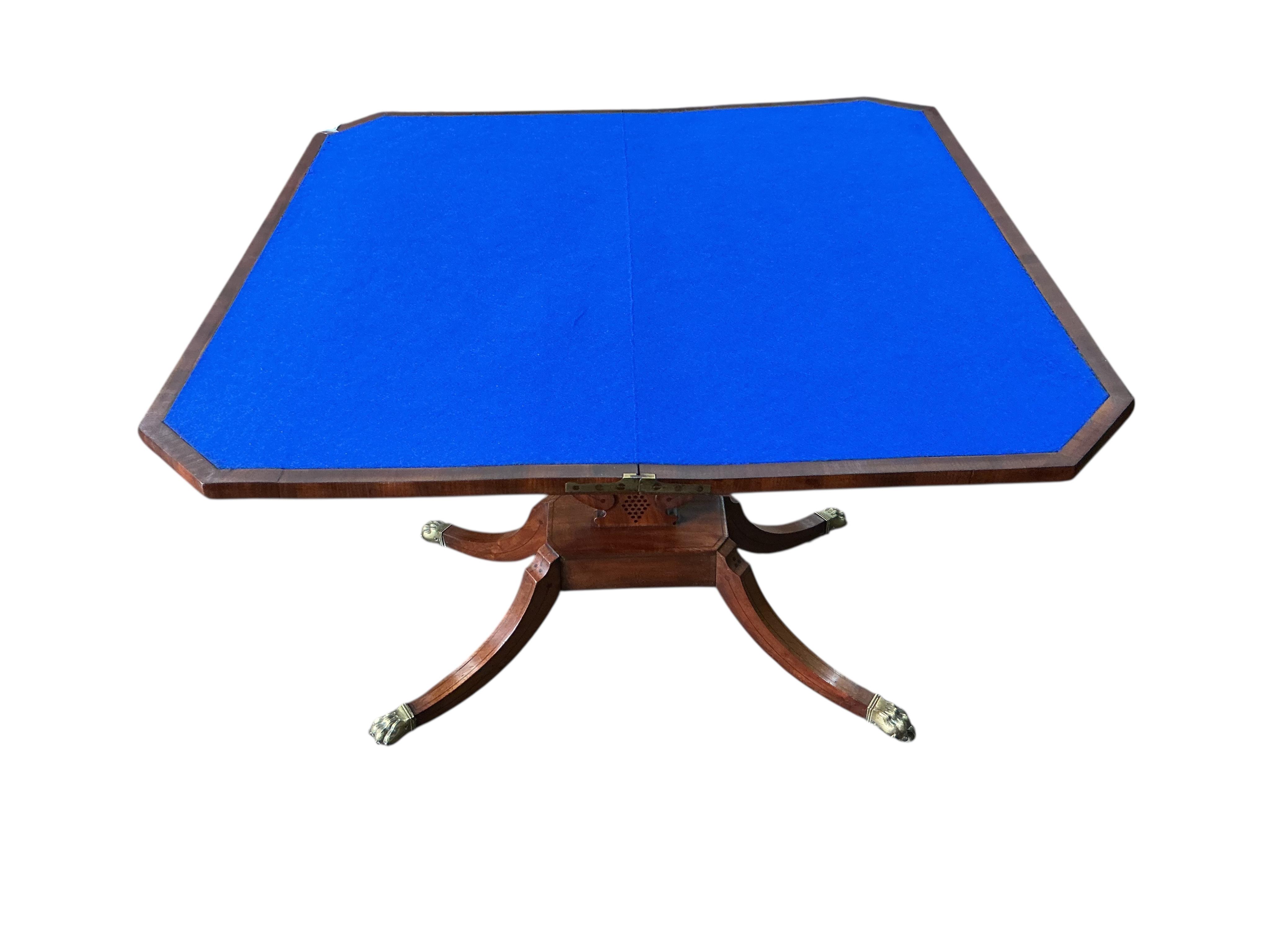 A Regency inlaid mahogany folding card table, width 92cm, depth 46cm, height 73cm